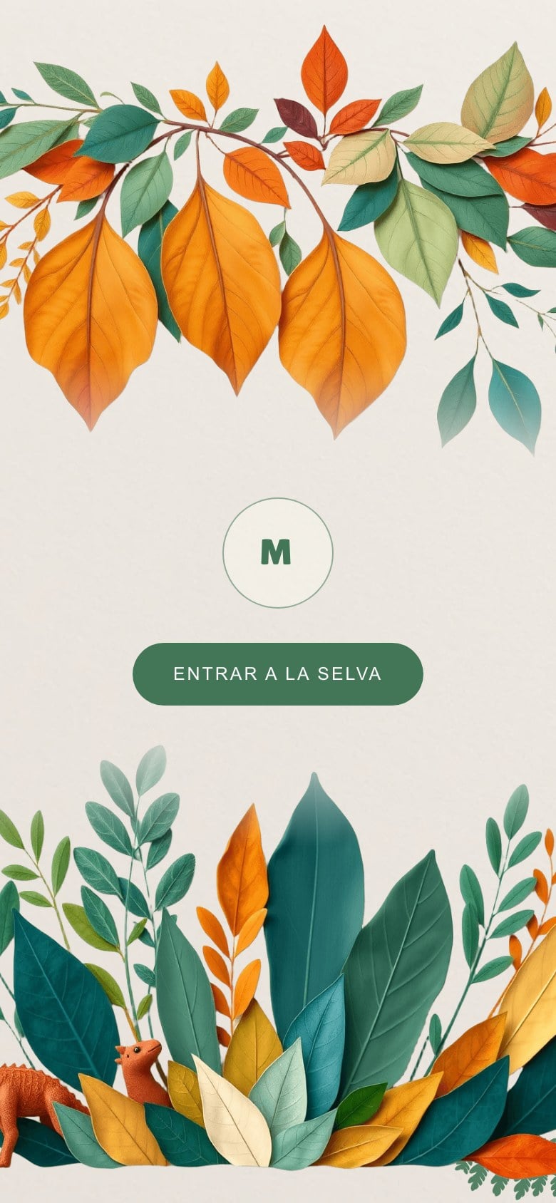 Portada de una invitación de cumpleaños infantil: selva ilustrada en verdes y naranjas con dinosaurios.