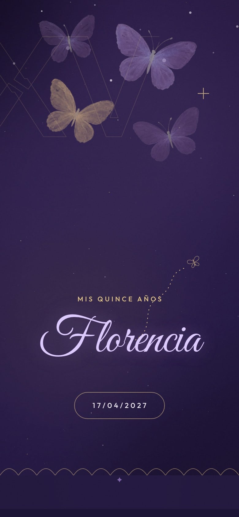 Portada de una invitación de quinceañera: mariposas sobre un cielo violeta de noche, con el nombre en caligrafía.
