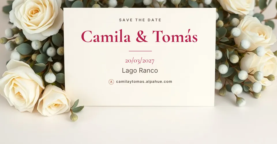 Tarjeta save-the-date con rosas blancas, los nombres, la fecha y la dirección de la invitación.